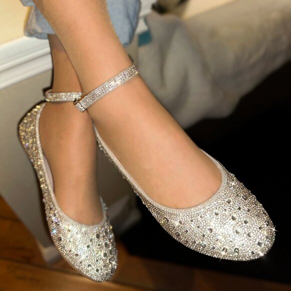 New Bling Silver Rhinestone Embellished Ankle Strap Ballet Flat Shoes Ballerina - Picture 1 of 10